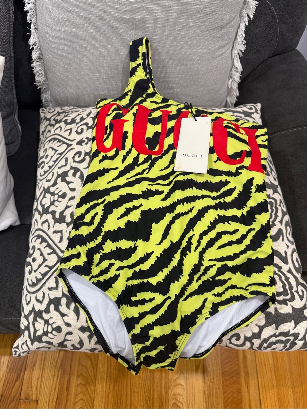 Gucci Neon Yellow & Black Zebra One-Shoulder Swimsuit with Red Logo